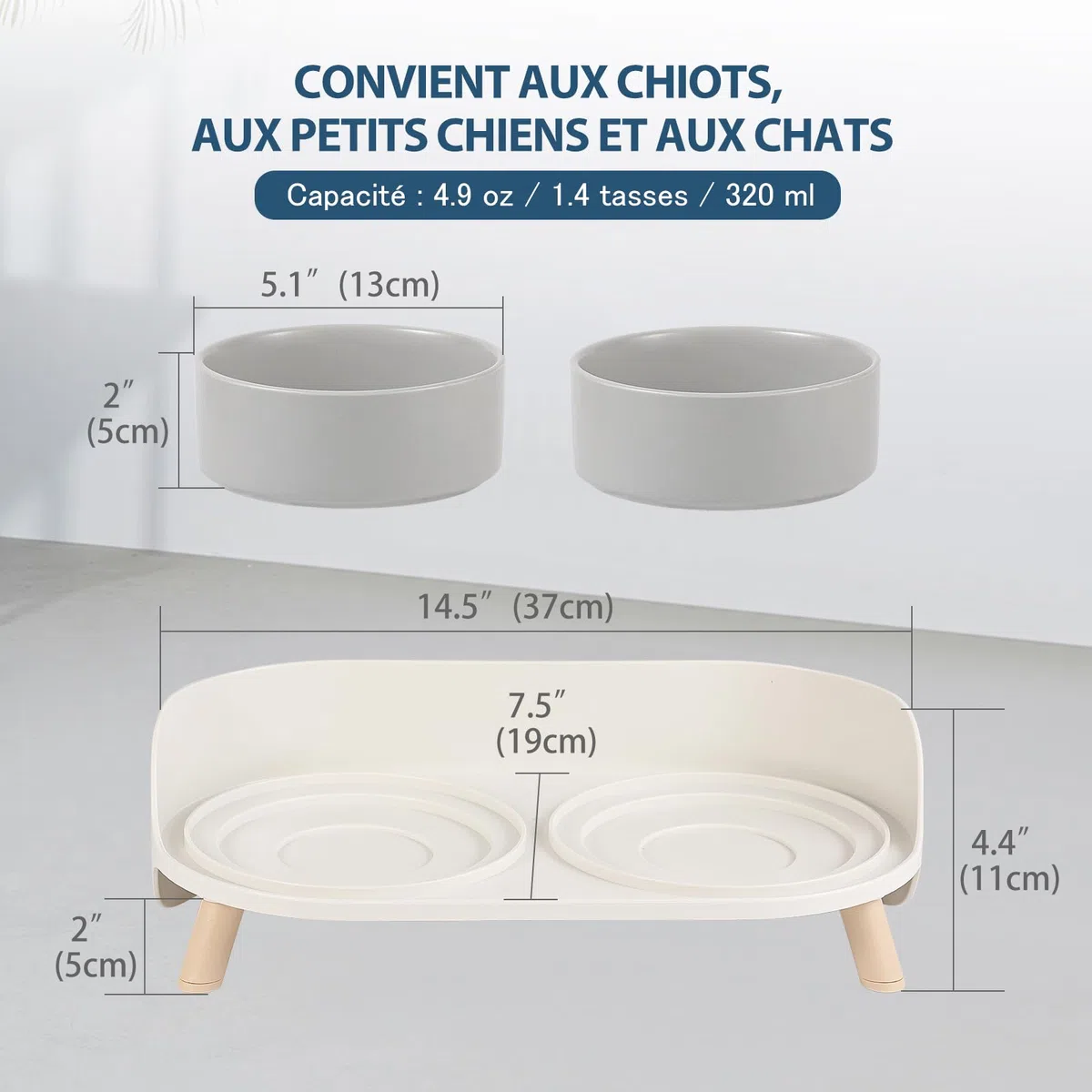Double Gamelle Chat Surélevée en Céramique - Gamelle pour Chat avec Support Antidérapant - Bols pour Eau et Nourriture, Anti-Éclaboussures, pour Chiots et Petits Chiens - 2 x 320 ML - Gris