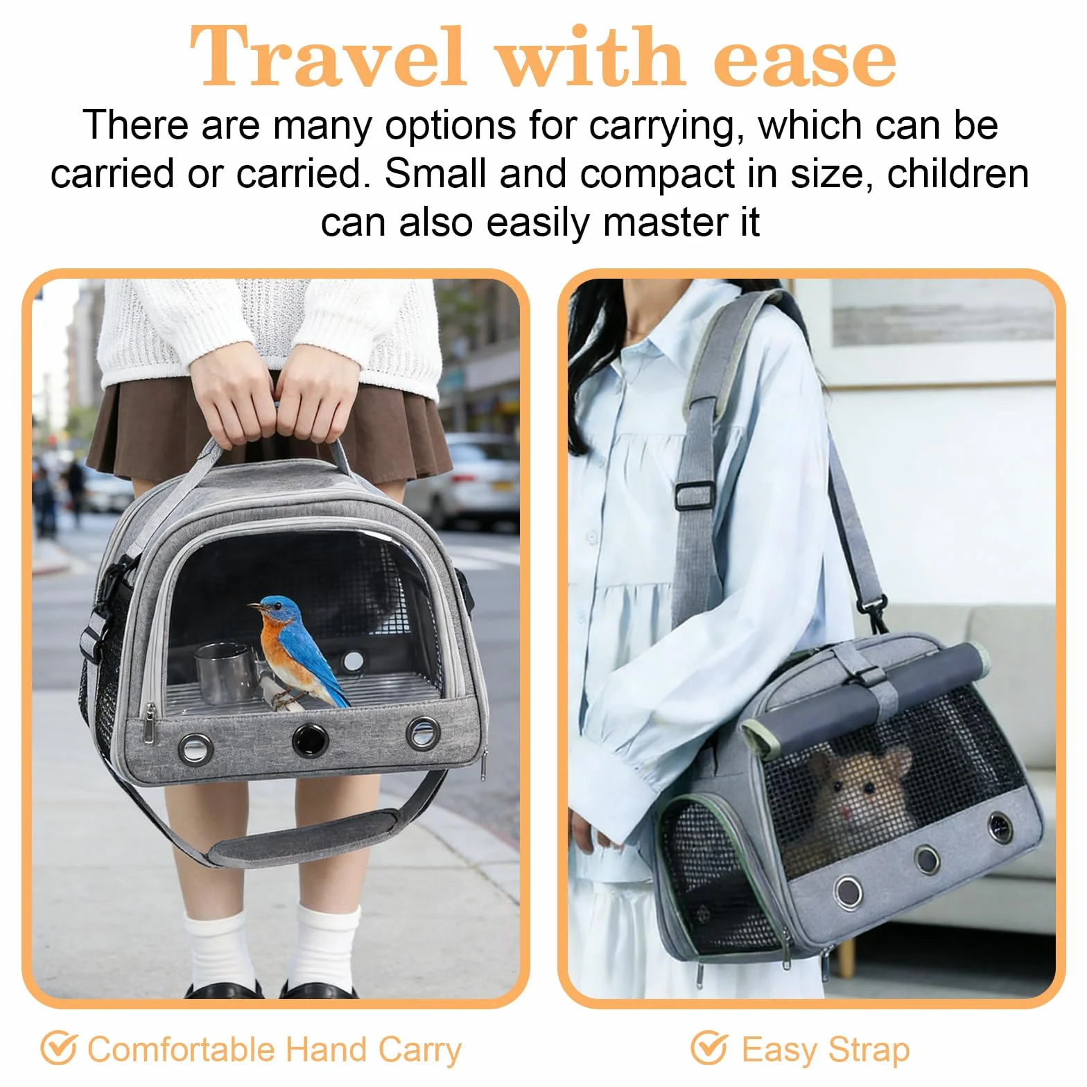 Sac De Transport pour Petits Animaux: Sac Transport Chat Chien avec Matelas, avec Fenêtre Transparente, Cage De Transport Portable pour Petit Oiseau, Cochons d'Inde, Chinchillas, Hamster (Gris)