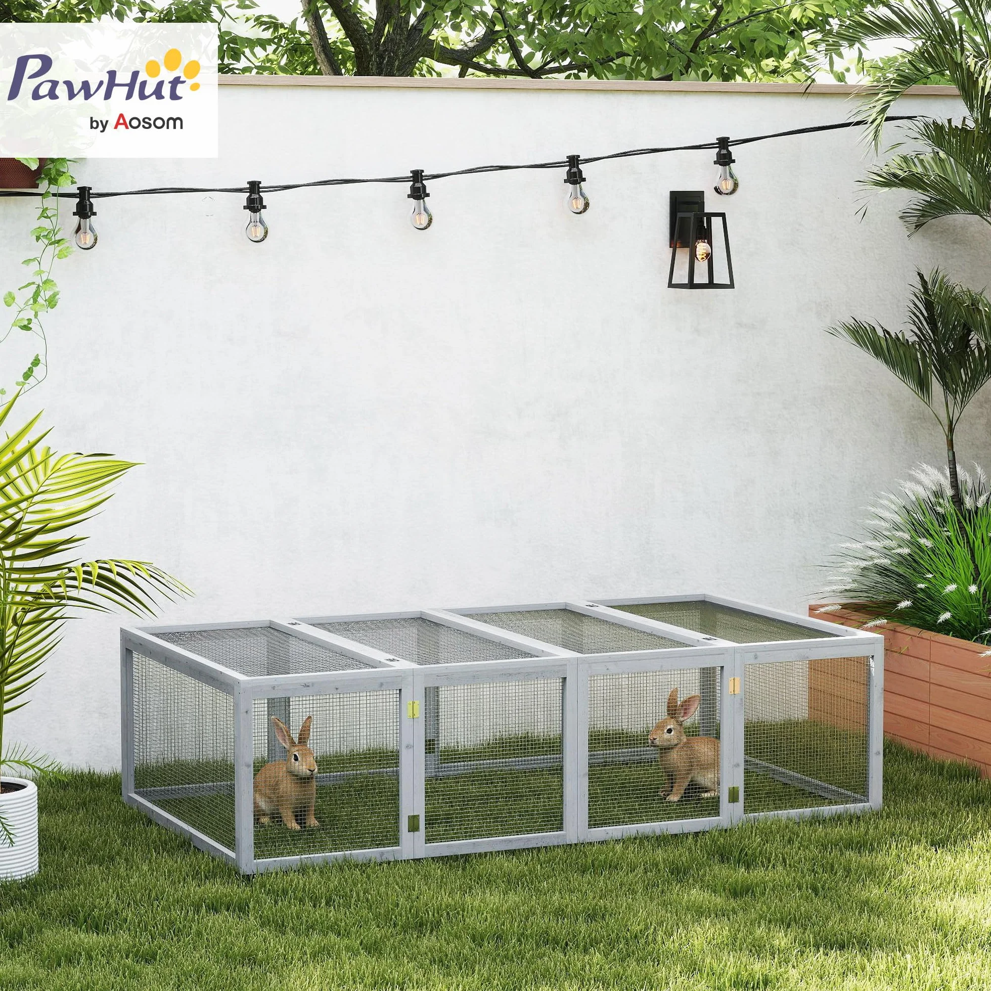 PawHut Clapier Cage à Lapins extérieur intérieur 2 Portes supérieures 181L x 100l x 48H cm Bois Massif Gris