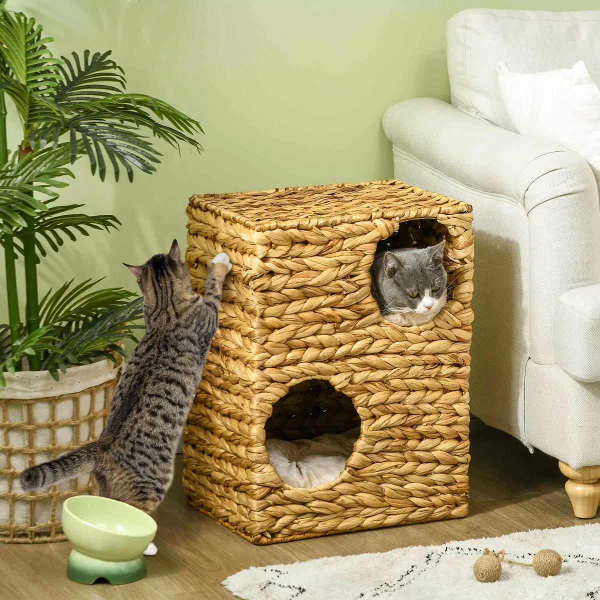 PawHut Tonneau à Chat de 55 cm de Haut avec 2 niches, Coussins lavables, Arbre à Chat, Tour de Chat en Jacinthe d'eau, Marron Clair