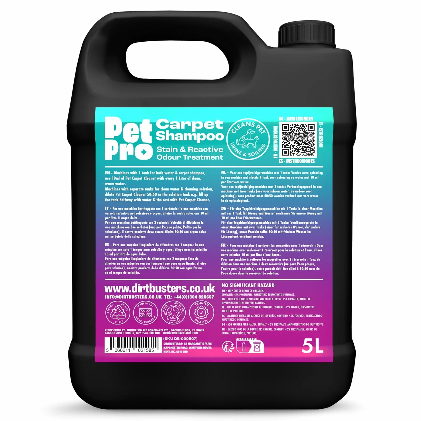 Dirtbusters Pet Pro Solution de shampooing nettoyant en profondeur avec neutraliseur d'odeurs pour enlever l'urine de chien et de chat, solution nettoyante pour tapis et machines à shampooing (5 l)