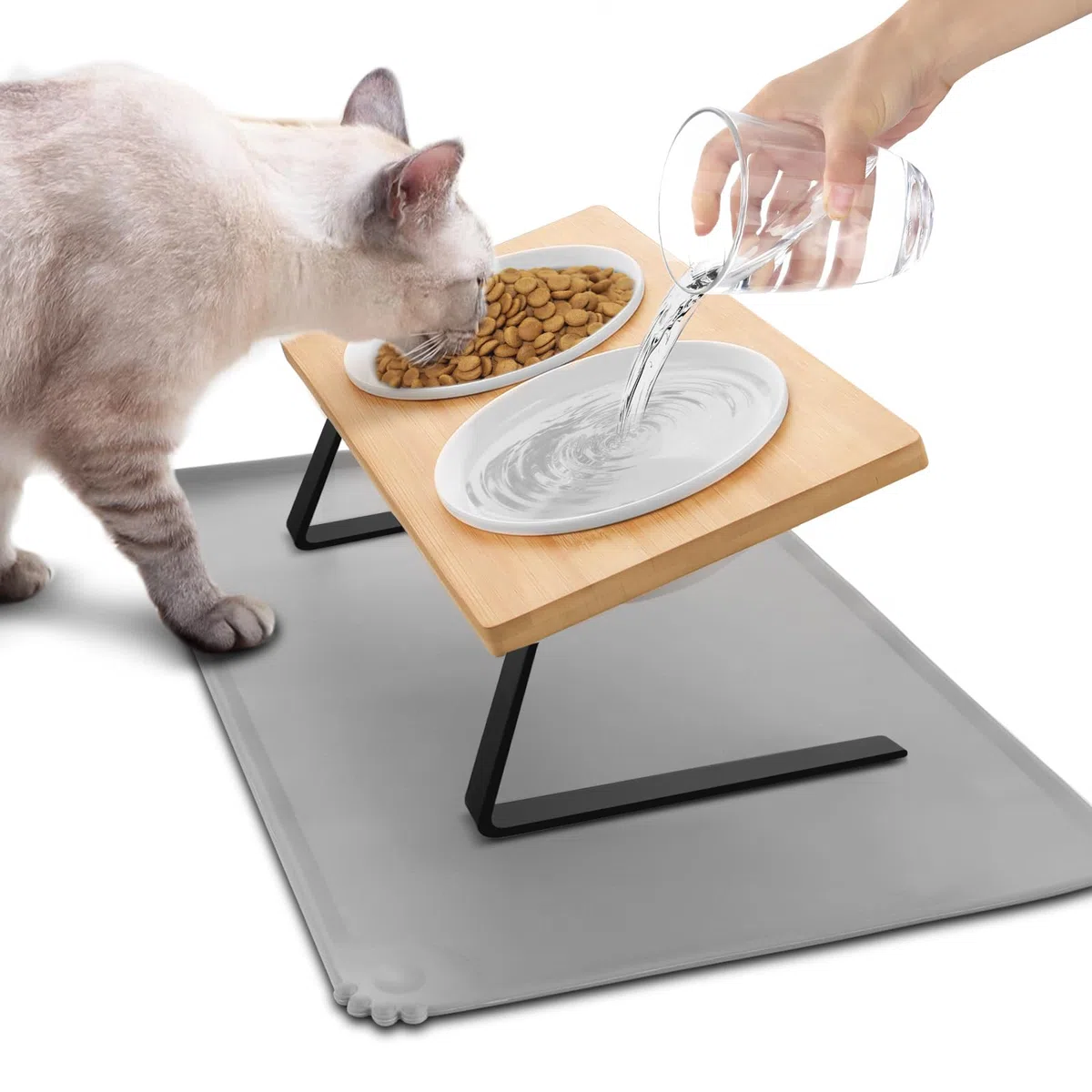 Lannvan Gamelle Chat Surélevée - Bol Ergonomique en Céramique avec Tapis Lavable pour Chat et Chien - 350ml par Bol