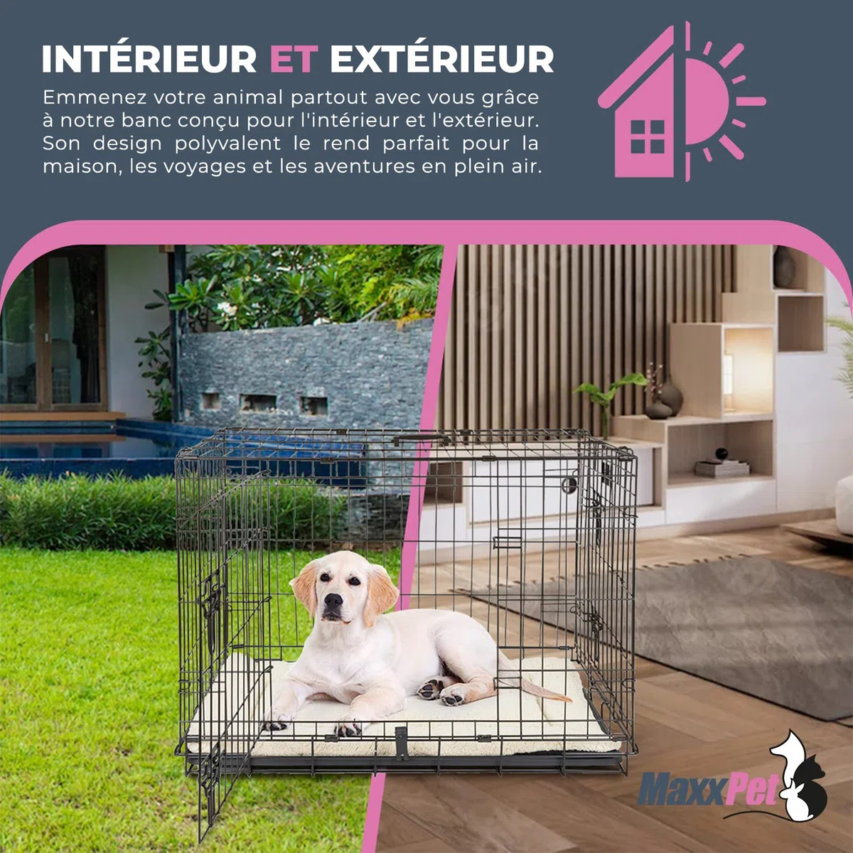 MaxxPet Metal Cage de Chien - Caisse de Transport pour Chien - Cage Chien XXL avec 2 Portes - INCL.Plaid et Gamelle - Interieur, Dog Crate Voiture - Cage Pliable Chien - 107x71x76 cm - Noir