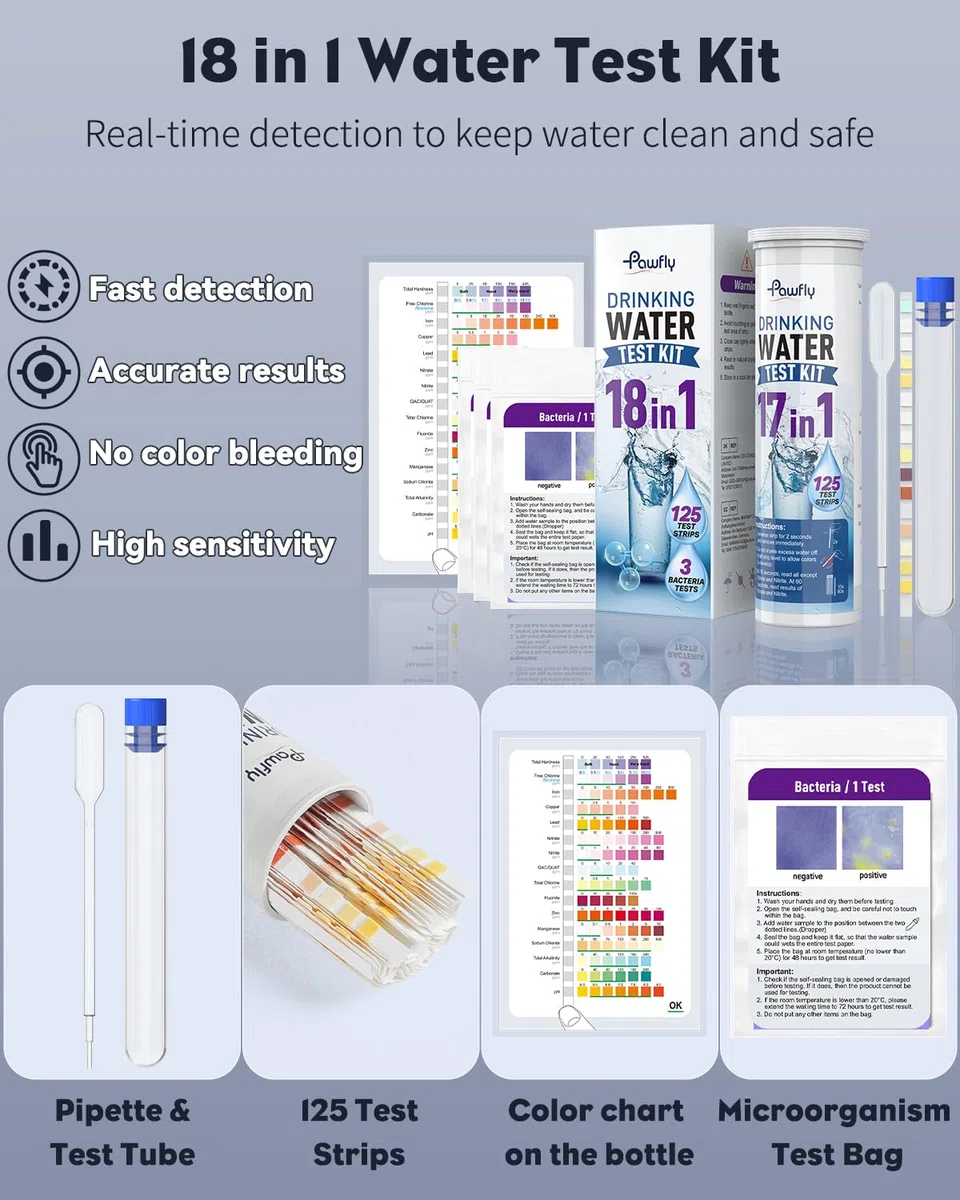 Pawfly Kit de Test Eau Potable 18 en 1 pour Robinet puits Piscine Aquarium Spa Test qualité Eau Maison pH dureté Chlore Plomb Fer cuivre Nitrate fluorure et Plus 125 bandelettes
