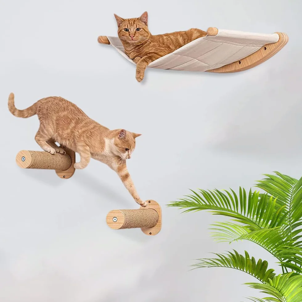 Hamac pour Chat Mural Grande Étagère pour Chat avec 2 Pilier d'escalade pour Chat, Fenetre Pliable Lit pour Chat, Capacité de Charge 18kg