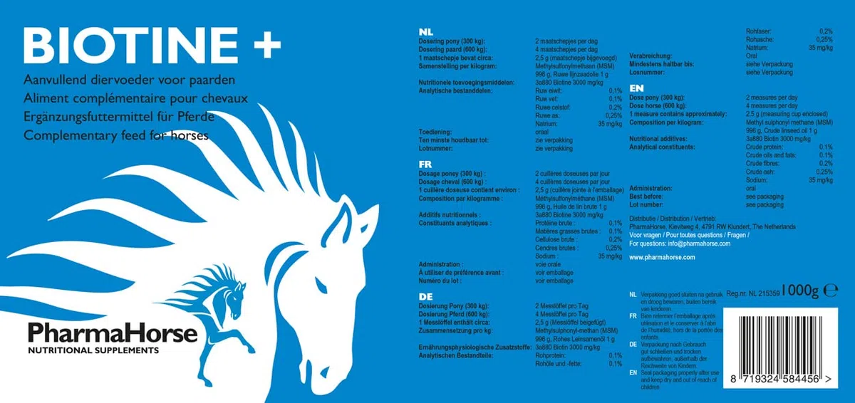 PharmaHorse Biotine+ | Biotine Cheval | Croissance cellulaire Cheval | Peau & Fonctions nerveuses | Métabolisme énergétique | Pas de sucres ajoutés | 1000 grammes