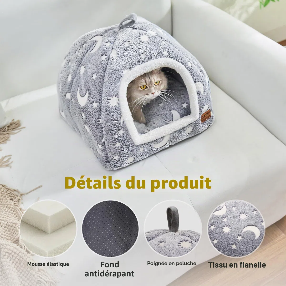 CATISM Lit pour Chat Phosphorescent - Lumineuse Niche pour Chat d’intérieur, Pliable Lavable Maison Chats avec Coussin Amovible, Fond Antidérapant, 40 x 40 x 38 cm