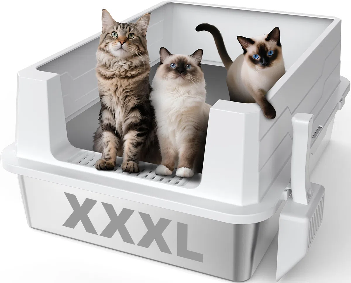 MIXJOY Bac à litière pour chat XXXL en acier inoxydable - Extra large - 71 x 51 x 30 cm - Convient pour les grandes races de chats et les foyers à cathédrales multiples - Modèle grand format à bords