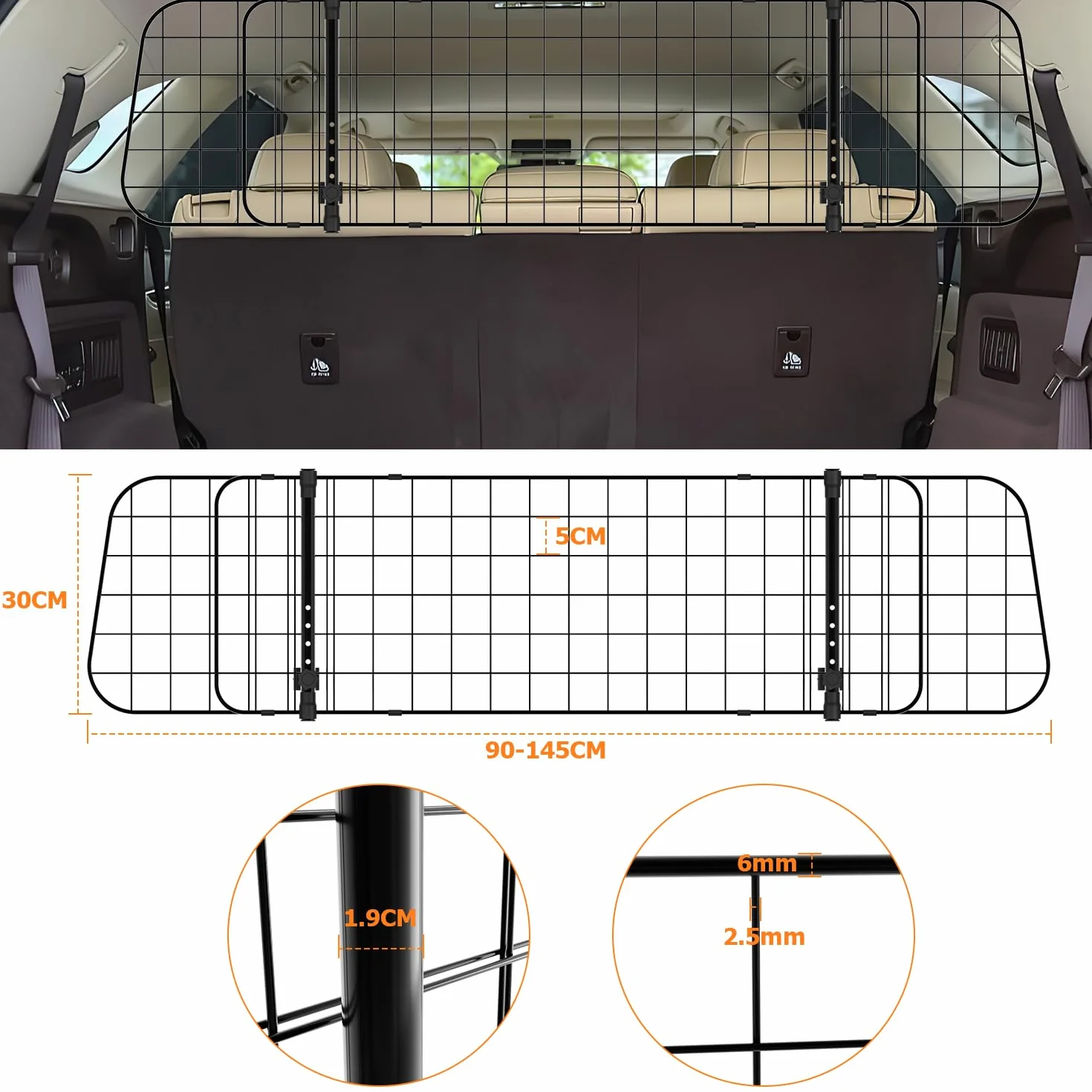 Herrselsam Grille de protection de voiture, pour chien, largeur réglable, grille de séparation pour coffre de chien, avec ceinture de sécurité, filet de voiture