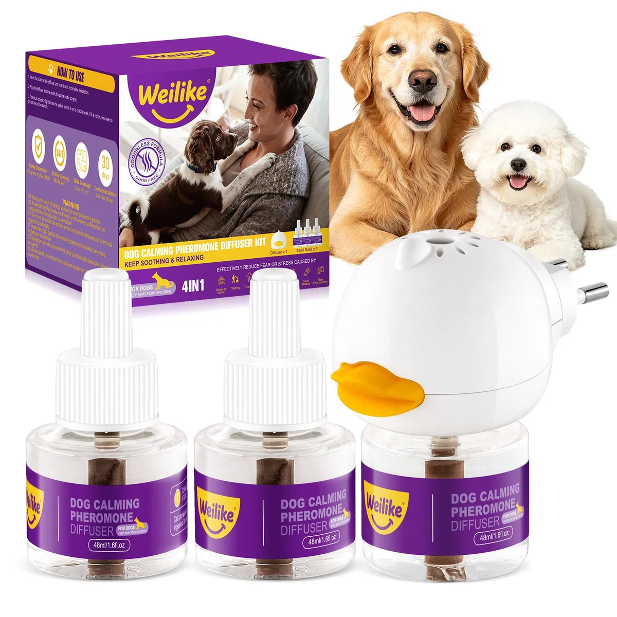 Diffuseur De Phéromones Apaisantes pour Chiens,Soulagement Naturel De L'anxiété,Réduit Le Stress Et Favorise La Relaxation,Formule Sûre Et Efficace,2 Recharges (3 Ricariche+1 Diffusore)