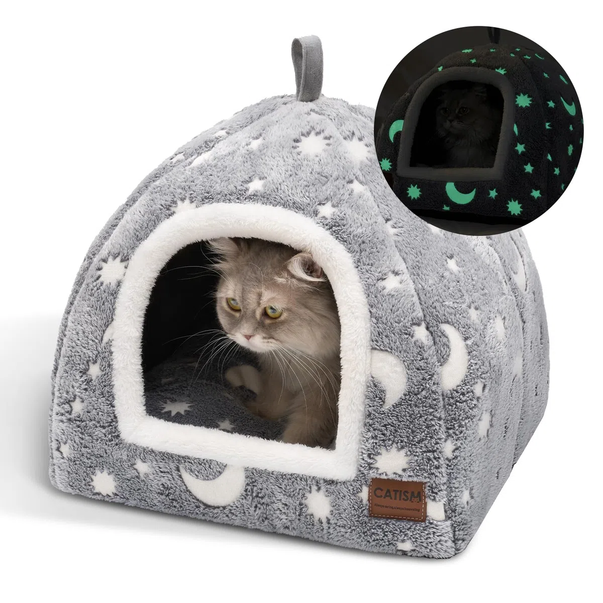 CATISM Lit pour Chat Phosphorescent - Lumineuse Niche pour Chat d’intérieur, Pliable Lavable Maison Chats avec Coussin Amovible, Fond Antidérapant, 40 x 40 x 38 cm