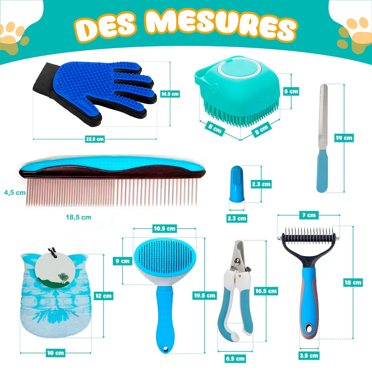 Kit Toilettage Chien Chat 9 Pièces – Brosse Chien, Brosse Chat, Gant Poil, Coupe Ongle, Lave Pattes et Accessoires Toilettage