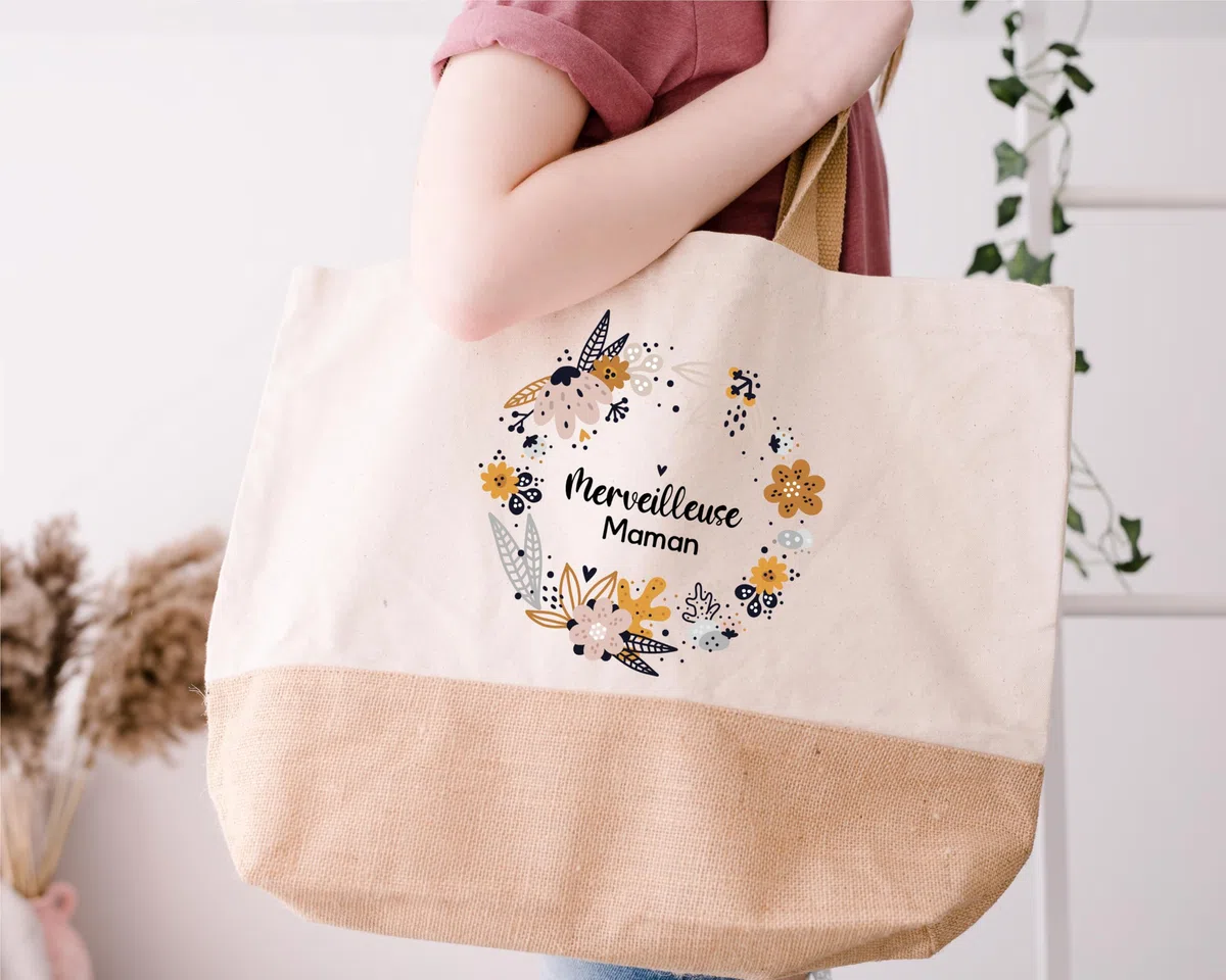 Sac Shopping "Merveilleuse Maman" avec Couronne de Fleurs – Sac en Toile de Coton et Jute Laminé, Dimensions 38x44x18 cm, Capacité 29L, Cadeau Idéal pour Maman