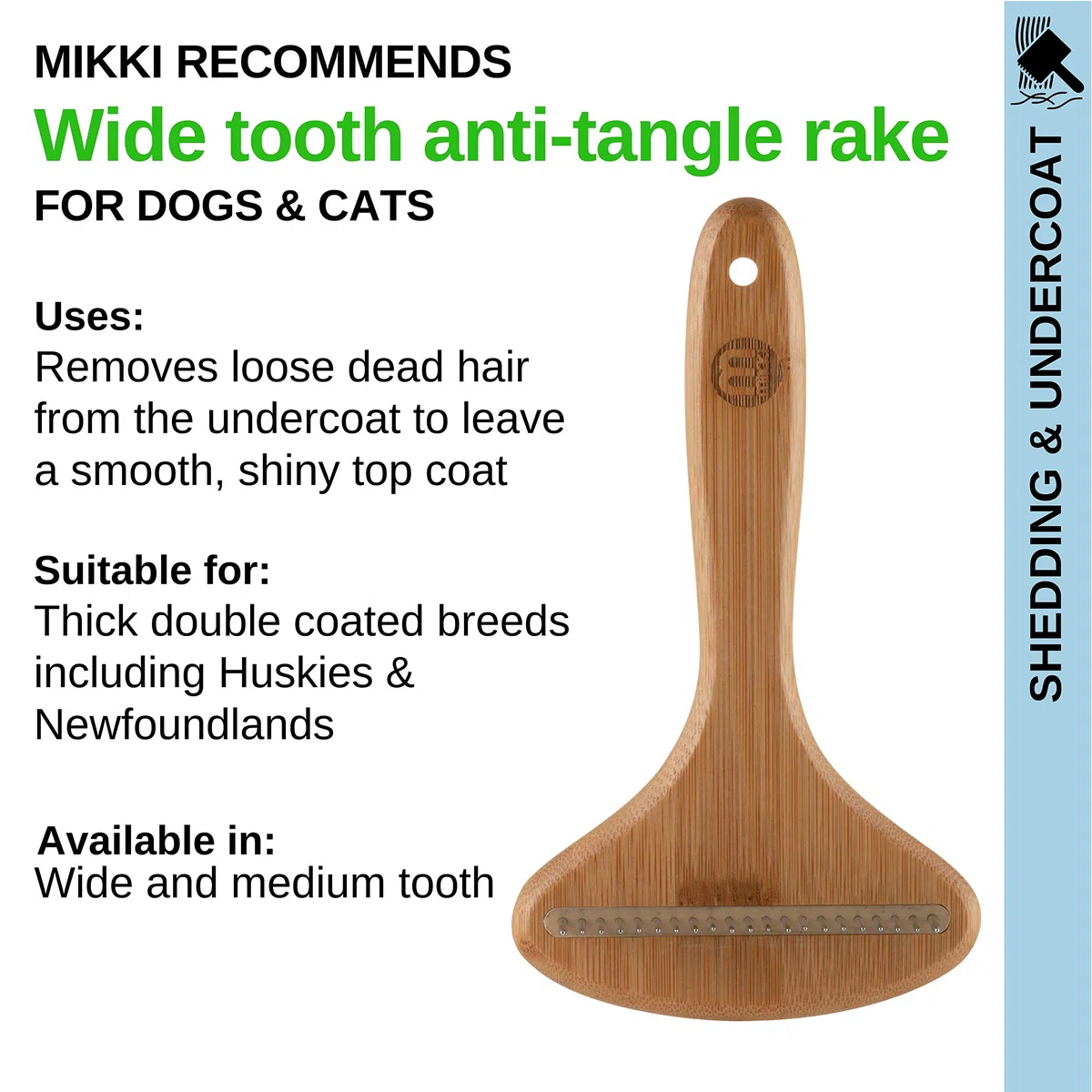 Mikki Brosse Râteau Démêlante en Bambou pour Pelages Mi-Longs/Doubles Convient à l’Usage avec Chats/Chiens Grande 1 Unité