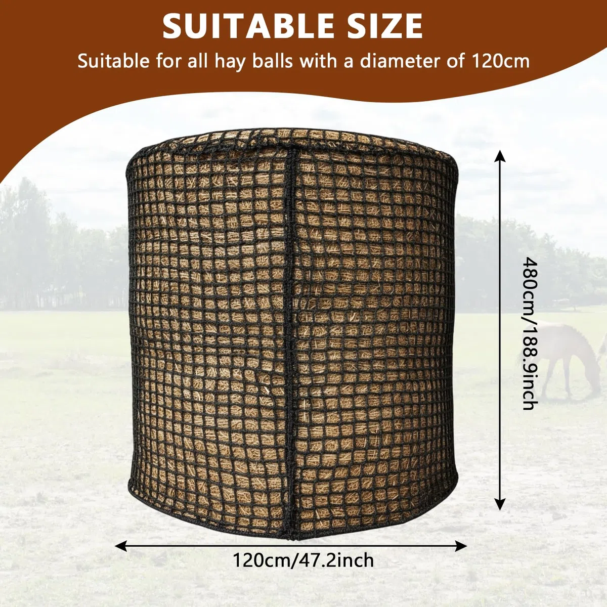 Filet à Foin, 120x120cm, pour Grands Chevaux, balles Rondes, pour Les exploitations agricoles, l'élevage de bétail, Maille 4,5 x 4,5 cm (Noir)
