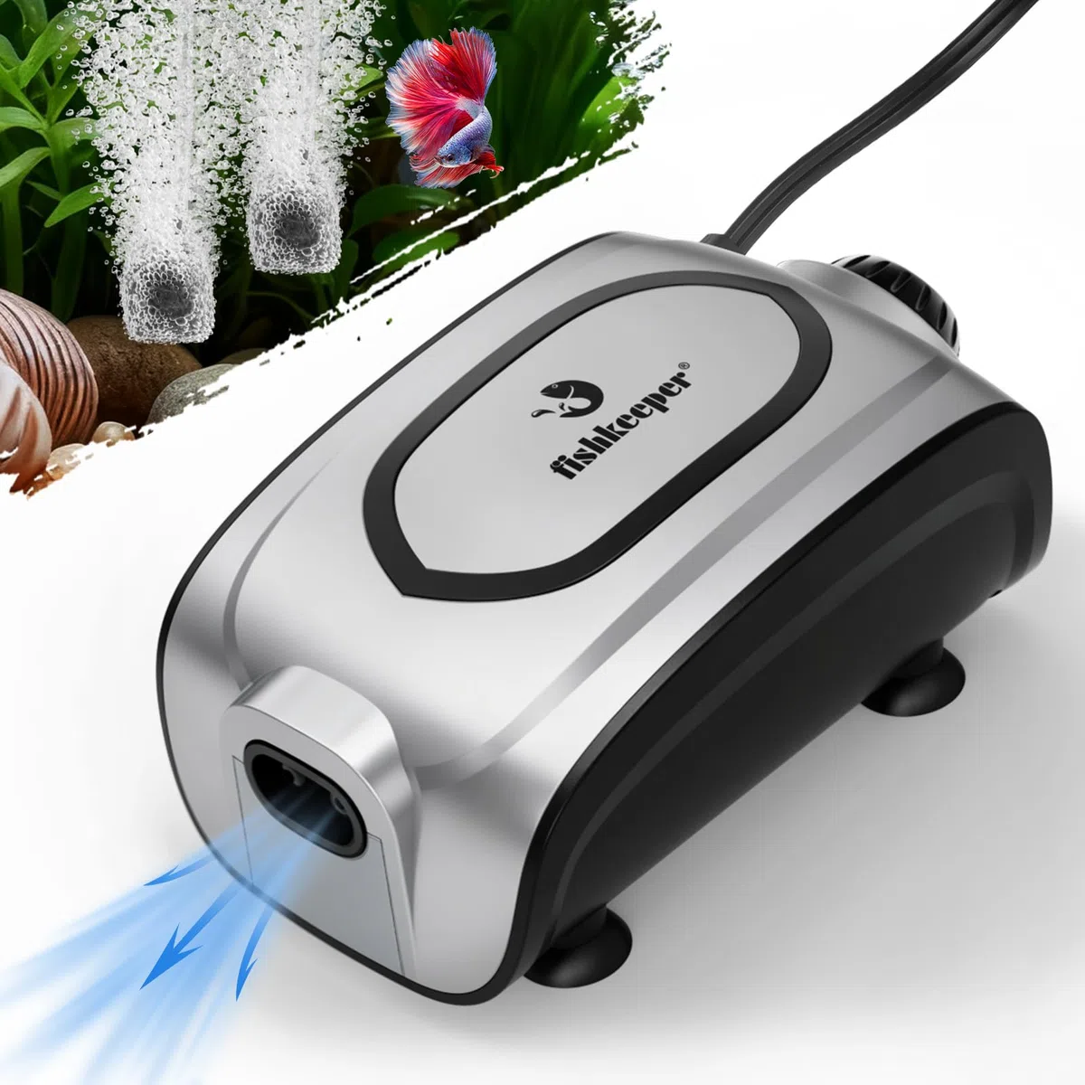 fishkeeper Pompe à air silencieuse pour aquarium 3 W/5 W, compacte et puissante à double sortie avec débit d'air réglable, kit de diffuseur d'air pour aquariums de 1 à 600 l (gris argenté, nouveau