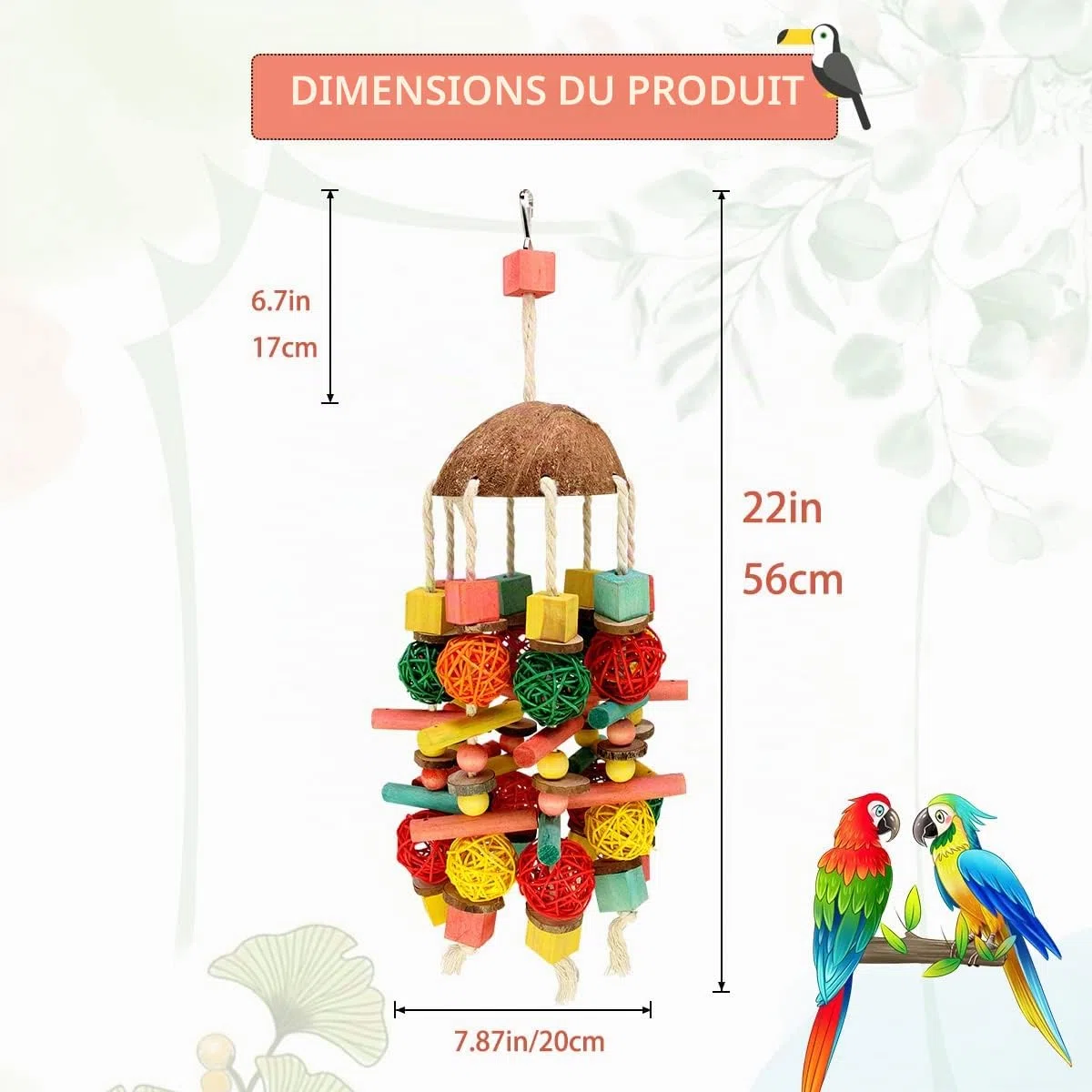 MQUPIN Jouet à mâcher pour perroquets pour Oiseaux,22 inch Grand Jouet pour Perroquet en Bois Naturel, Jouet à mâcher pour Oiseaux, Jouet à Mordre pour Grands perroquets, perroquets Gris d'Afrique