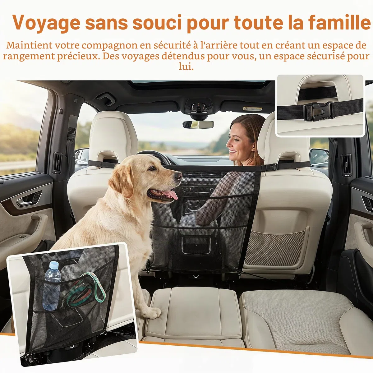GGW Grille Pare-Chien pour Siège Arrière Voiture avec Poches, Universel | Filet de séparation pour siège avant. Barrière de sécurité contre les chiens pour siège arrière. Ajustement universel.