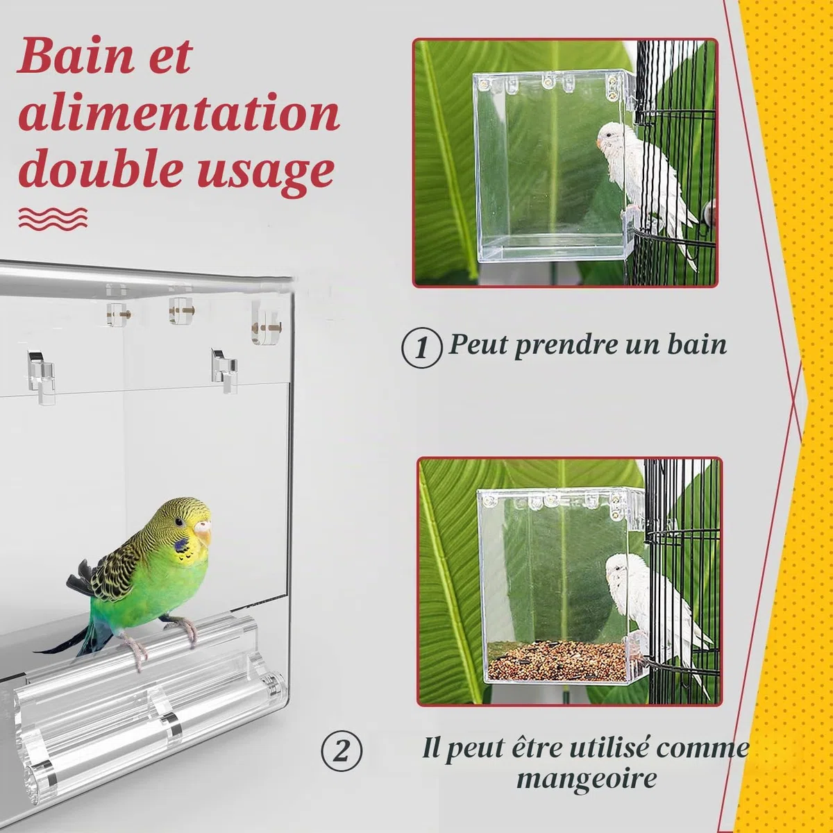 Baignoire pour Oiseaux, bac de Bain pour Oiseaux, boîte de Bain Transparente pour Petits Oiseaux, (boîte de Bain pour Oiseaux sans Fuite + 6 Jouets pour Oiseaux)