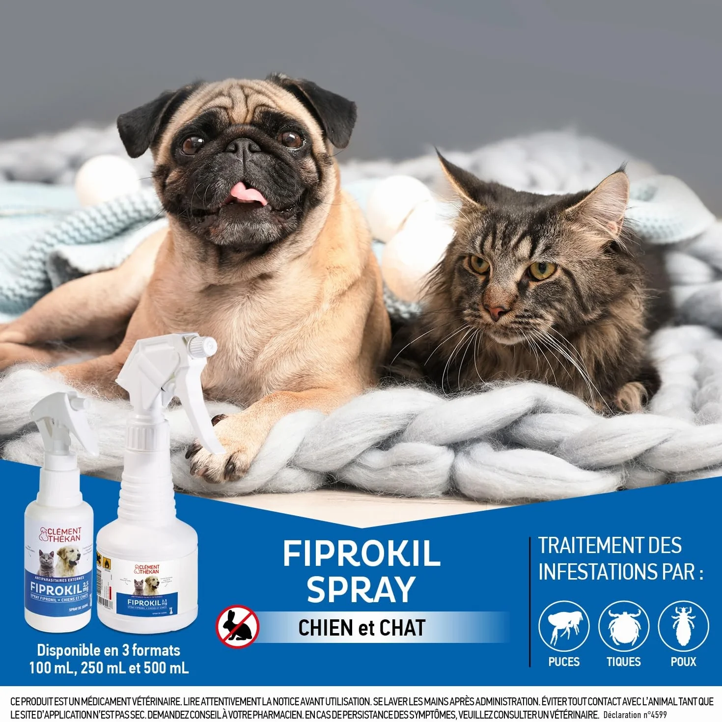 Fiprokil Spray 2,5 MG Chats & Chiens Clément Thékan - Traitement des infestations par Les Puces/Tiques/Poux Broyeurs - Fabriqué en France - 250 ML