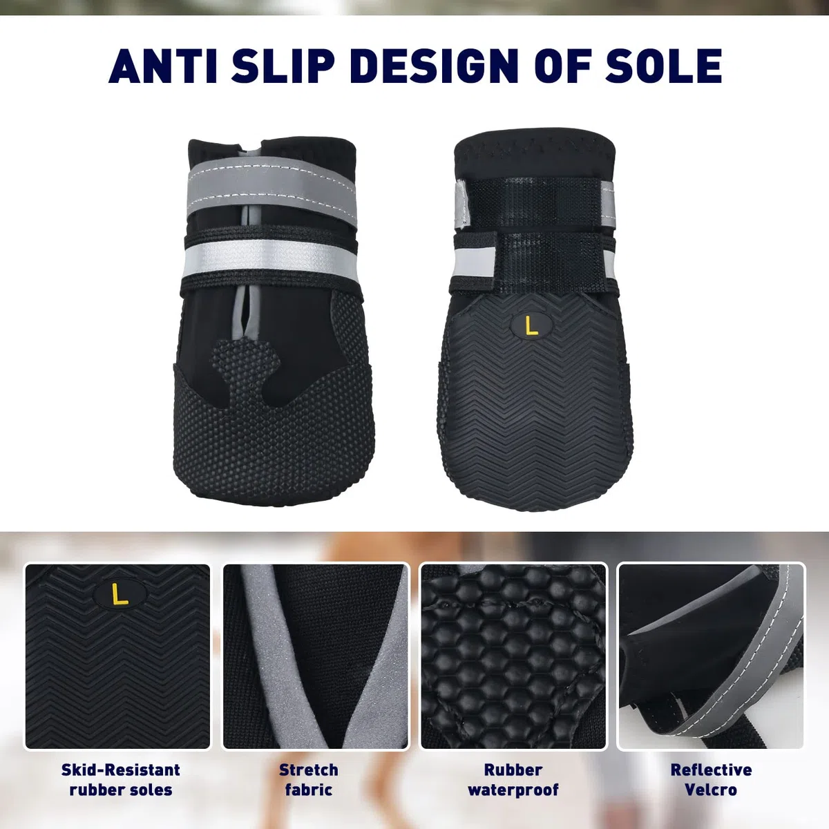 Bottes Chien, Ensemble de 4 Chaussures pour Chiens Antidérapant, Bottes de Protection pour Chien Imperméable pour Chiens de Taille Moyenne et Grande (L, Noir)