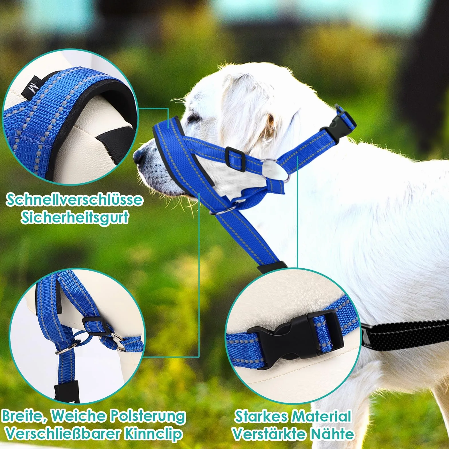 Halti pour chien grand, Harnais pour chien avec tissu rembourré, Harnais de tête Halti réglable anti-traction, Collier anti-traction doux pour chien grand (Bleu, L (Museau : 11,6-14,8 pouces))