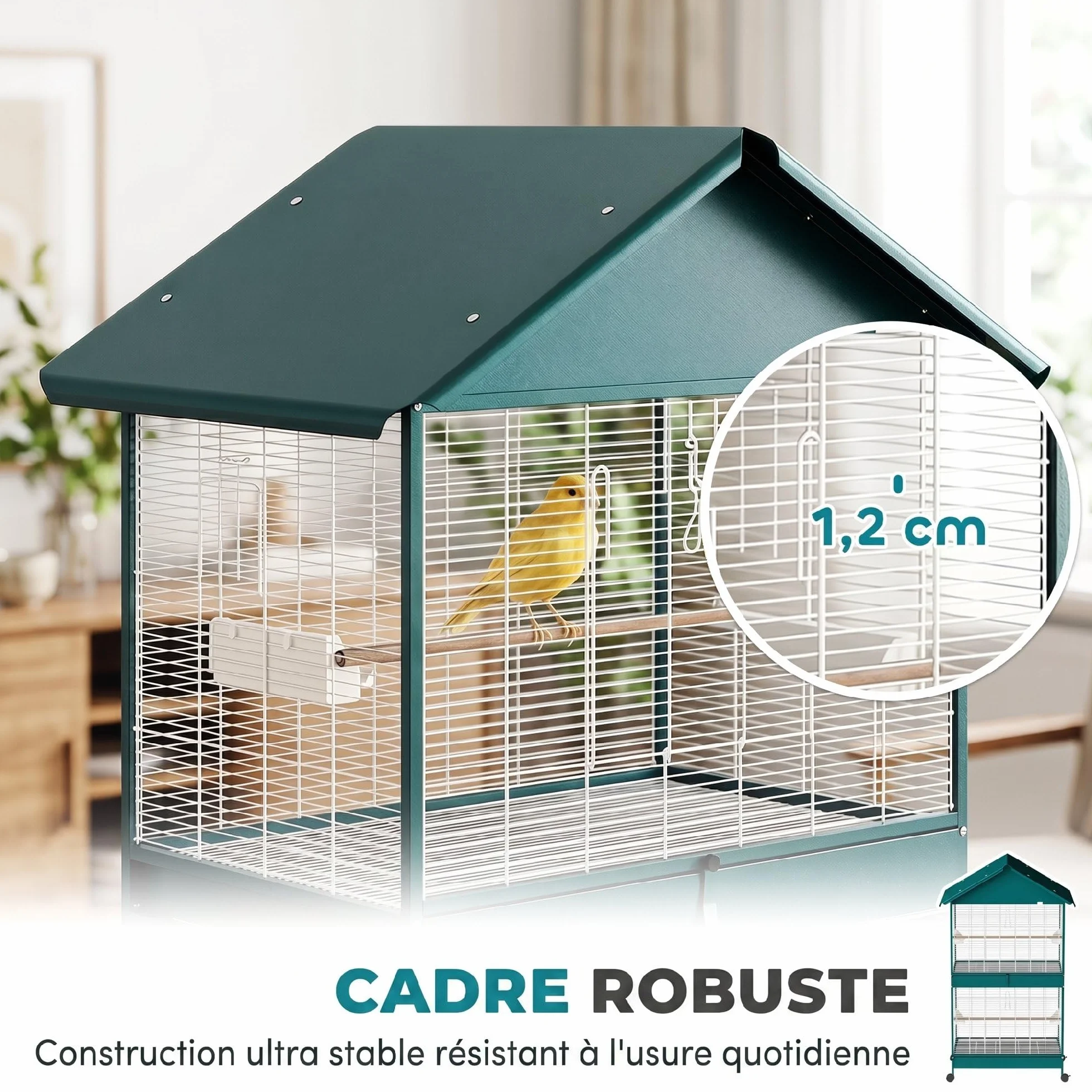 PawHut Grande Cage à Oiseaux Roulante, Volière Oiseaux Intérieur/Extérieur, Séparateur Amovible, 4 Mangeoires, 2 Perchoirs, 2 Plateaux, 94x70x158 cm