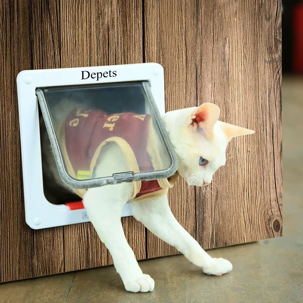 Depets Grande Porte pour Chat Verrouillable à 4 Voies (25,1 x 23,4 cm) - Chatière Résistante aux Intempéries pour Portes Intérieures et Extérieures