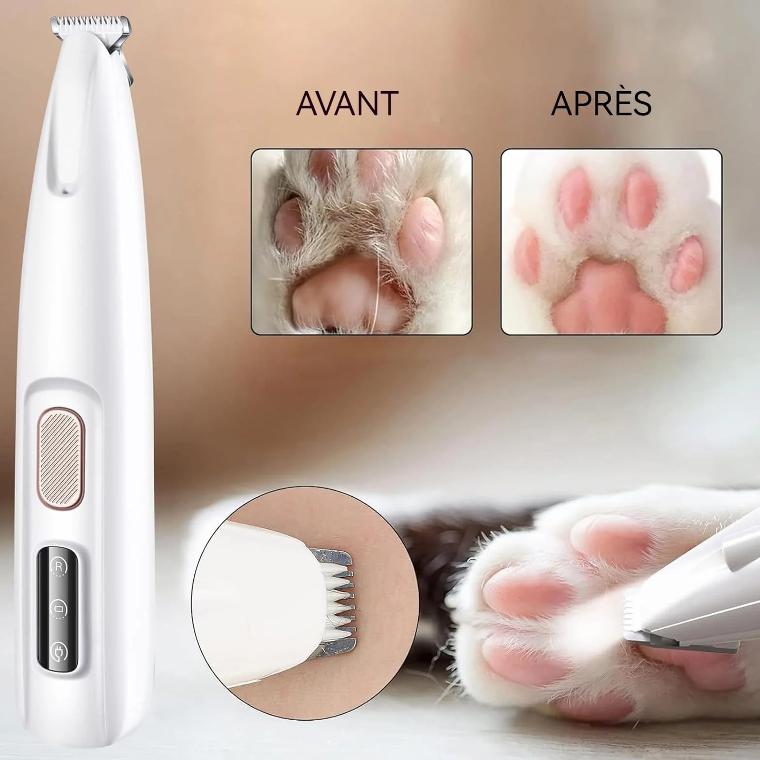 Patounet Tondeuse de précision pour chat, Tondeuse patte chien entre coussinets, Douce pour chien et chat, Lames céramique et inox, LED intégrée,toilettage zones sensibles sans stress (Avec lame)