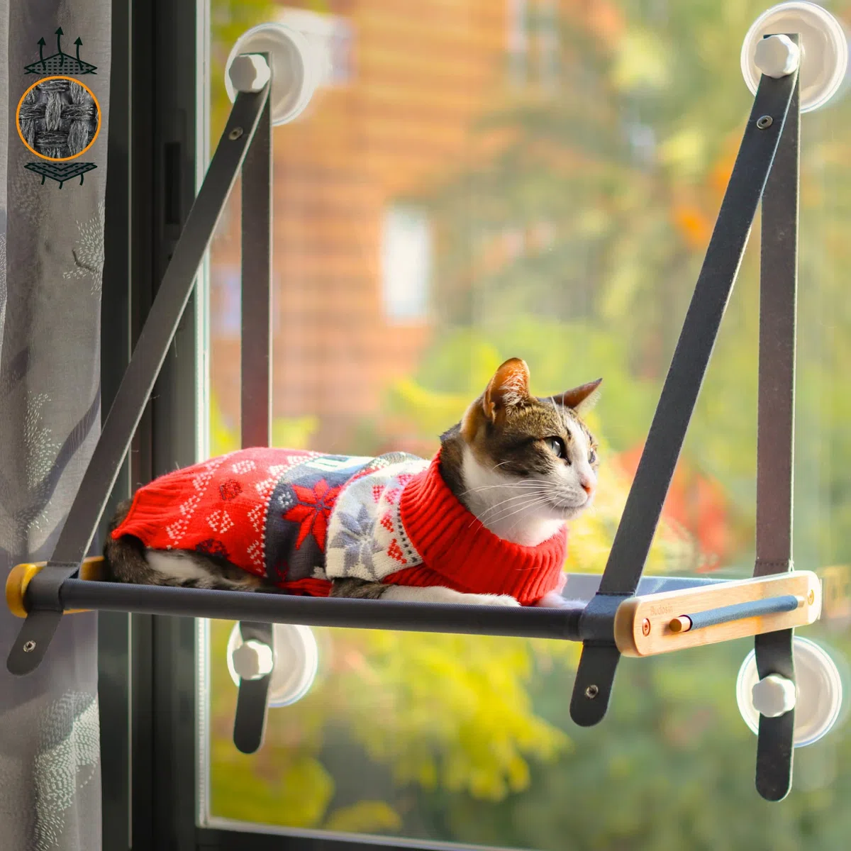 Hamac Chat fenêtre en Bambou Massif – 5 ventouses 3.0 Ultra résistantes – Hamac pour Chat avec Tissu Oxford Respirant – Installation Facile (Manuel Inclus) – Hamac Letvan de Budosín