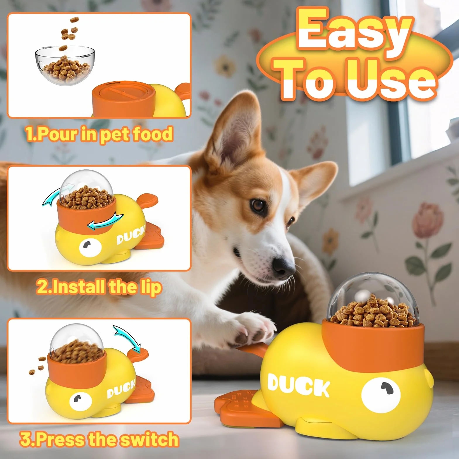 Jouet Interactif pour Chien et Chat Canard Jaune - Distributeur de Friandises et Mangeoire Anti-Glouton - Jeu d'Intelligence pour Alimentation Lente - Silicone Durable et Antidérapant