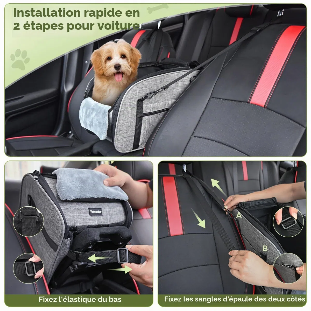 Siège Auto pour Petits Chiens Chats – Console Centrale Siège Auto Chien, Siège Portable avec Double Ceinture de Sécurité et Dessous Antidérapant, Coussin Lavable, Sac de Rangement, Gris