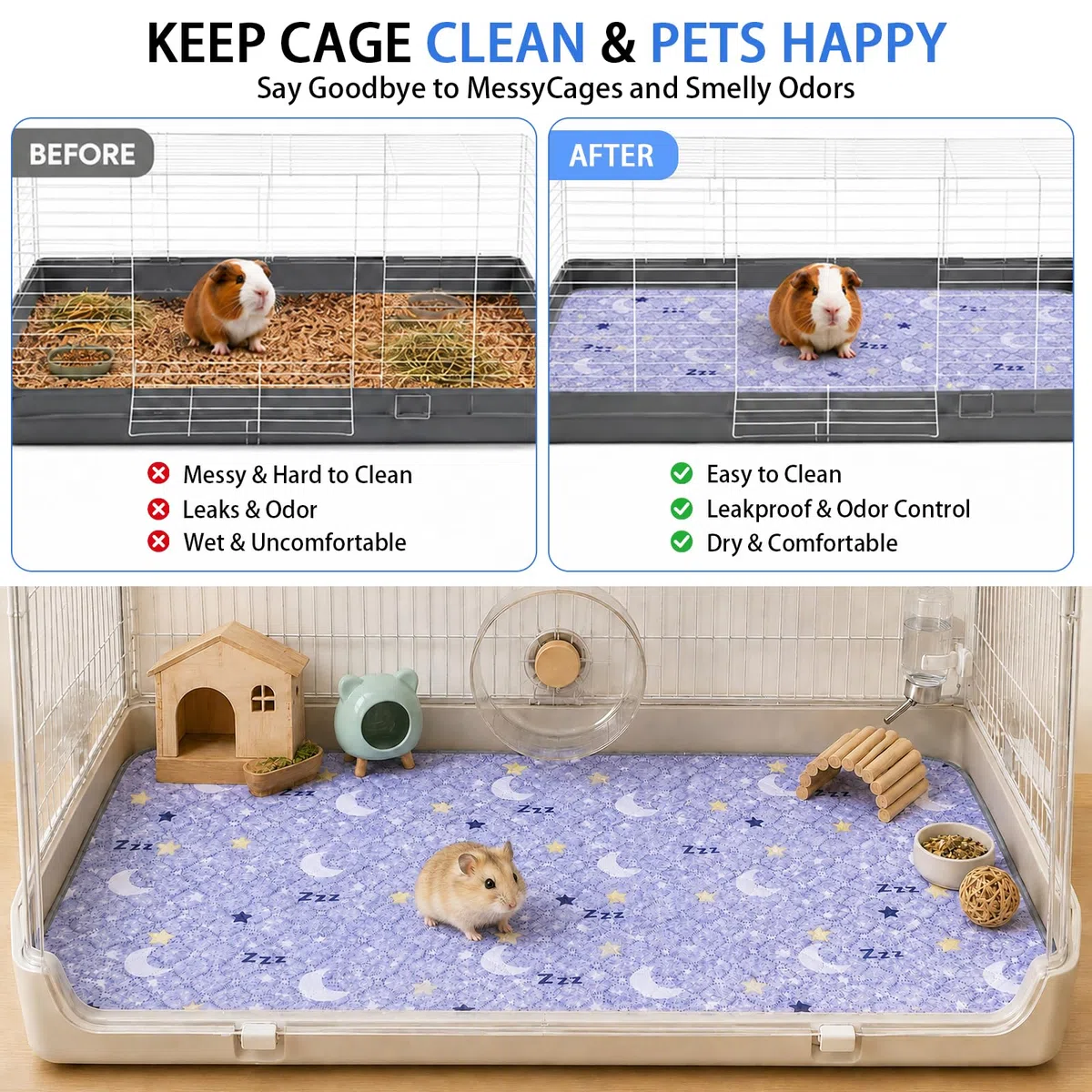 Tapis Cage pour Cochon d'Inde et Lapin 2 pièces Tapis Lavable et Réutilisable Anti-Fuite et Antidérapant Absorbant pour Petit Animal