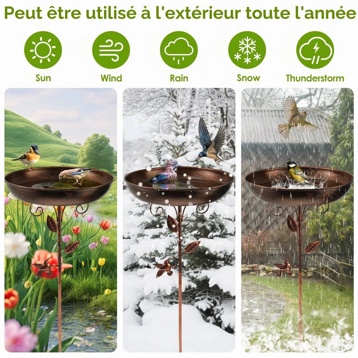Abreuvoir pour oiseaux sur pied rétro en métal - 30 x 80 cm avec piquet, bain résistant au gel pour extérieur et hiver