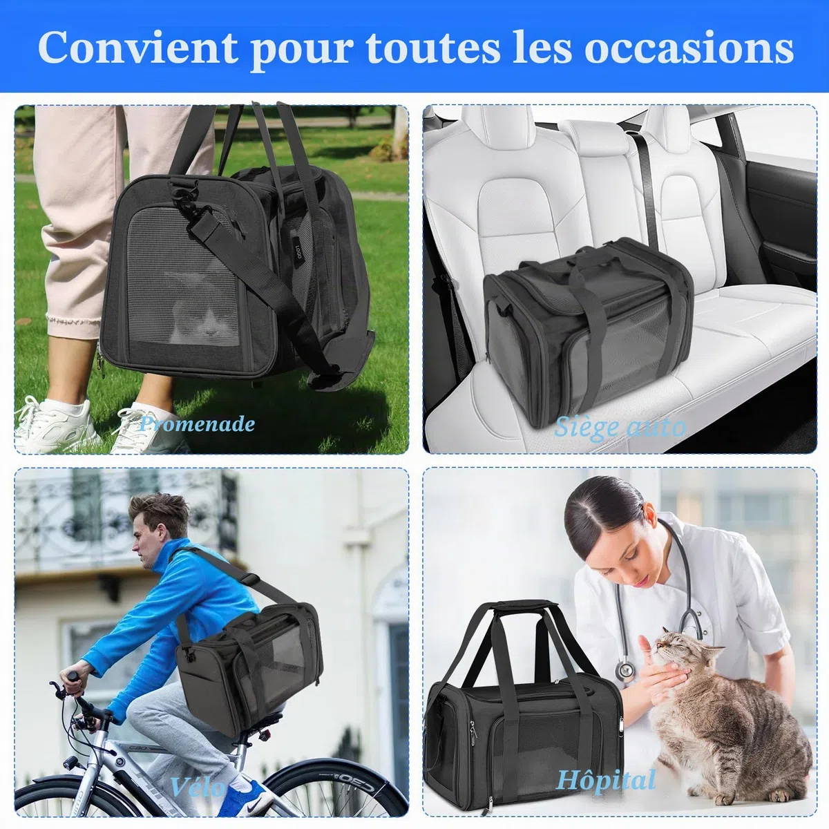 45x30x30 cm Sac de Transport pour Chat d'Extérieur Pliable et Respirant, Caisse de Transport Chat avec Matelas Souple, Sac Chat Transport pour Chat et Chien Voyage en Train/Voiture(Noir)