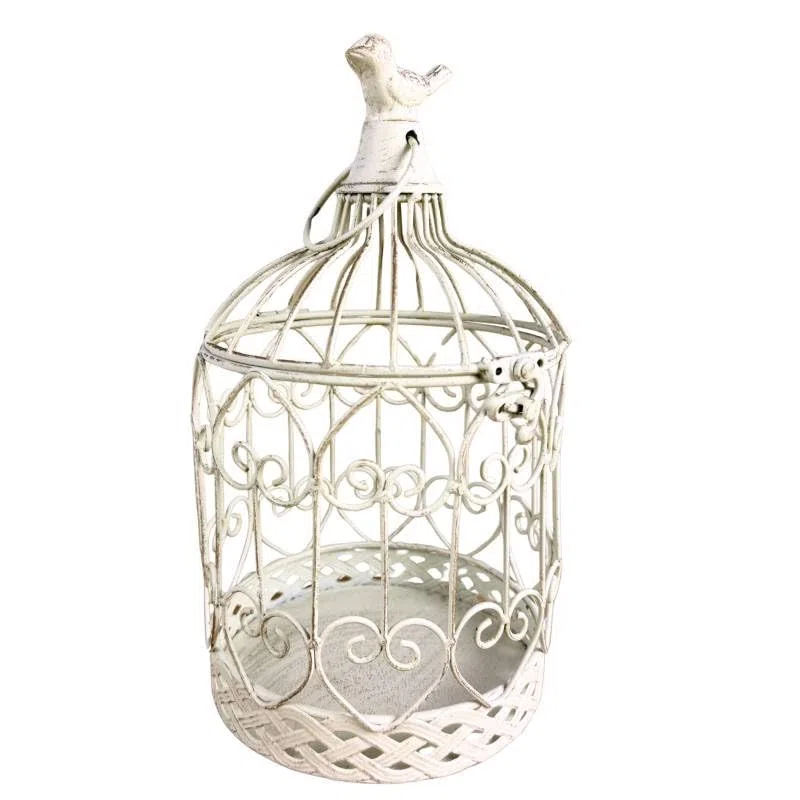 L'Héritier Du Temps Petite Cage à Oiseaux Volière Ronde en Acier Patiné Blanc Abri Décoratif à Suspendre 15,5x15,5x28cm