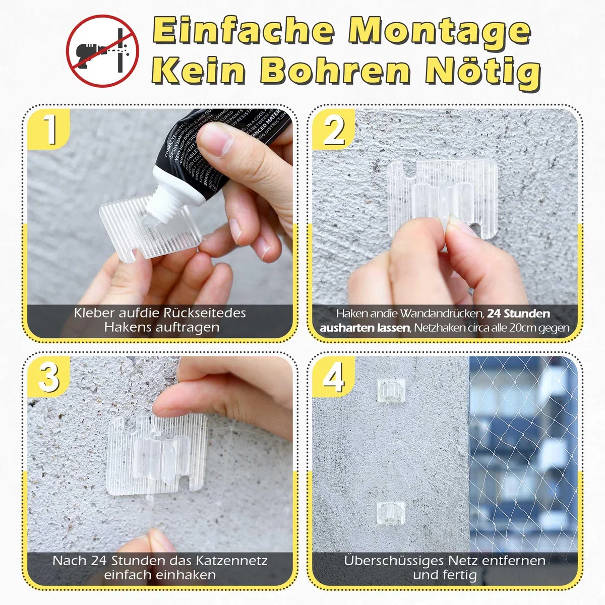 Enhon 50 Pièces Crochets Adhésifs pour Filet À Chat pour Balcon avec 2 Pièces 40 ML Adhésif De Montage Extra Fort, Pc Transparent, Résistant Aux UV, Fixation De Fenêtre Filet À Chat pour Balcon