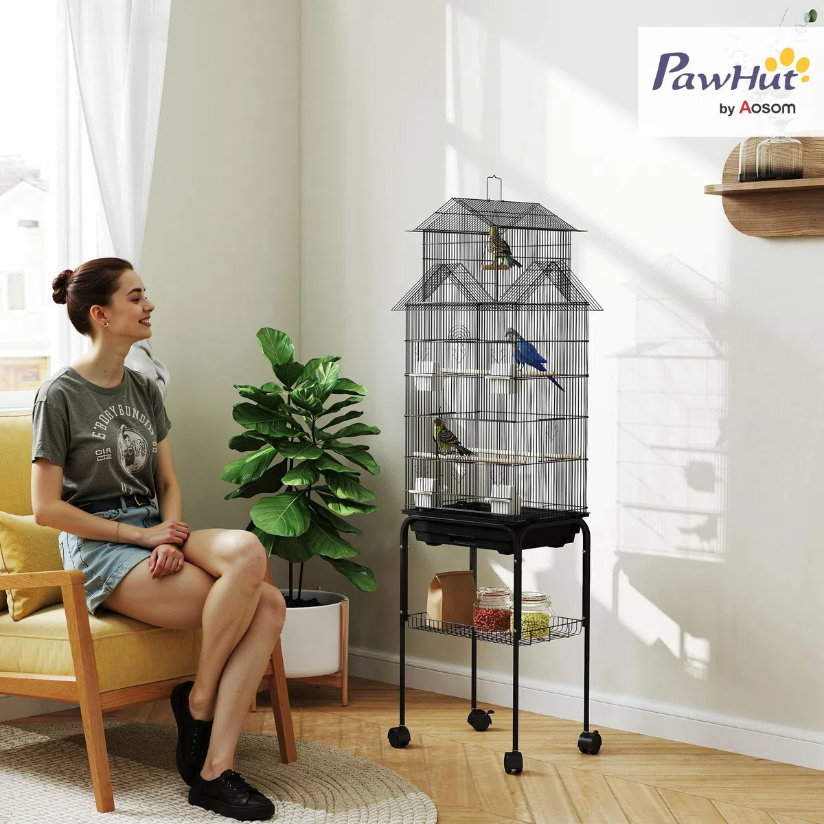 PawHut Cage à Oiseaux sur Pied, volière sur roulettes avec balançoire, poignée Portable, 4 mangeoires, Support, Design Maison, Cage pour pinsons, canaris et perruches 50,5 x 41 x 163 cm en Acier Noir