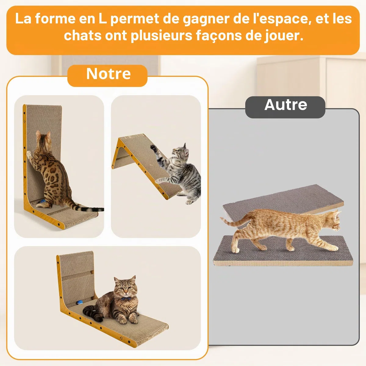 Griffoir pour Chat - Grattoir Chat 70 cm en Forme de L avec Jouet - Tapis à Griffes en Carton Ondulé Haute Densité - pour Mur et Canapé