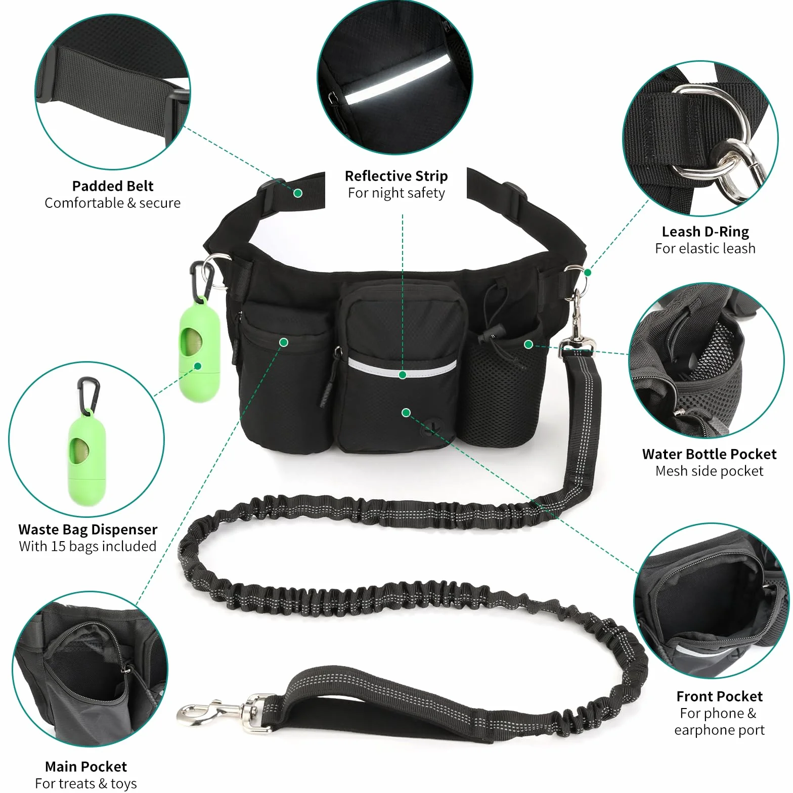 VINATO Sac à Friandises pour Chien avec Laisse Rétractable & Distributeur de Sacs - Sac Banane Étanche Multifonction pour Petits et Moyens Chiens – Promenade & Dressage Mains Libres