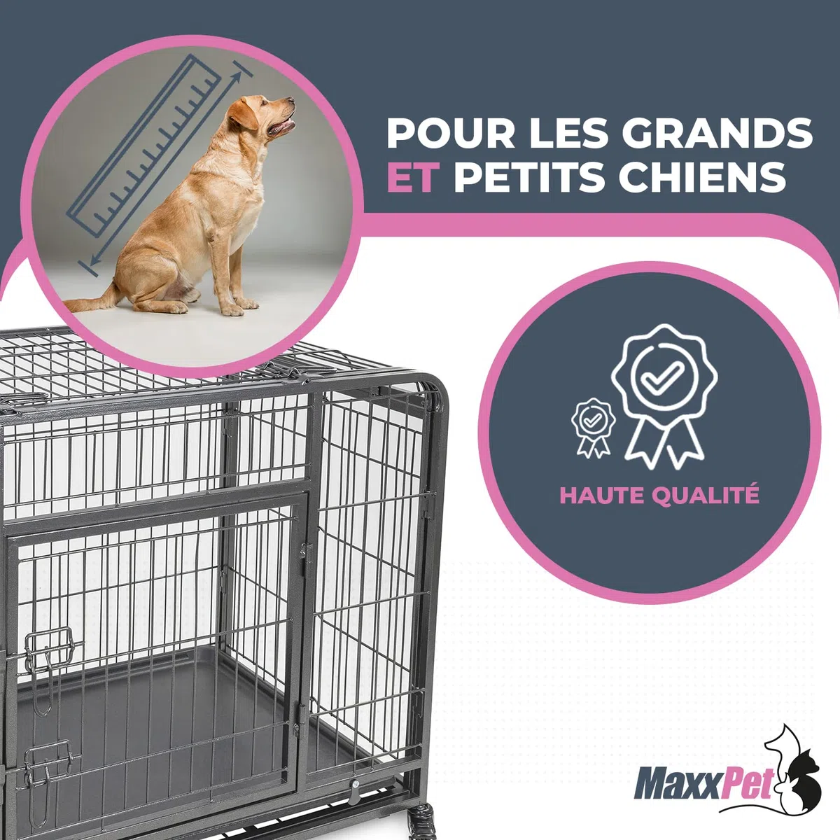 MaxxPet Cage pour Chien - Cage Pliable en Métal pour Chien - Caisse De Transport pour Chien XXL - avec Plaid Luxueux et roulettes - Convient pour Le Transport - 94x58x70 cm - Gris