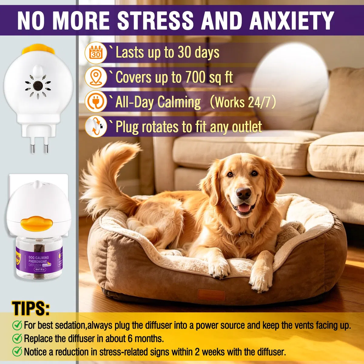 Diffuseur De Phéromones Apaisantes pour Chiens,Soulagement Naturel De L'anxiété,Réduit Le Stress Et Favorise La Relaxation,Formule Sûre Et Efficace,2 Recharges (3 Ricariche+1 Diffusore)