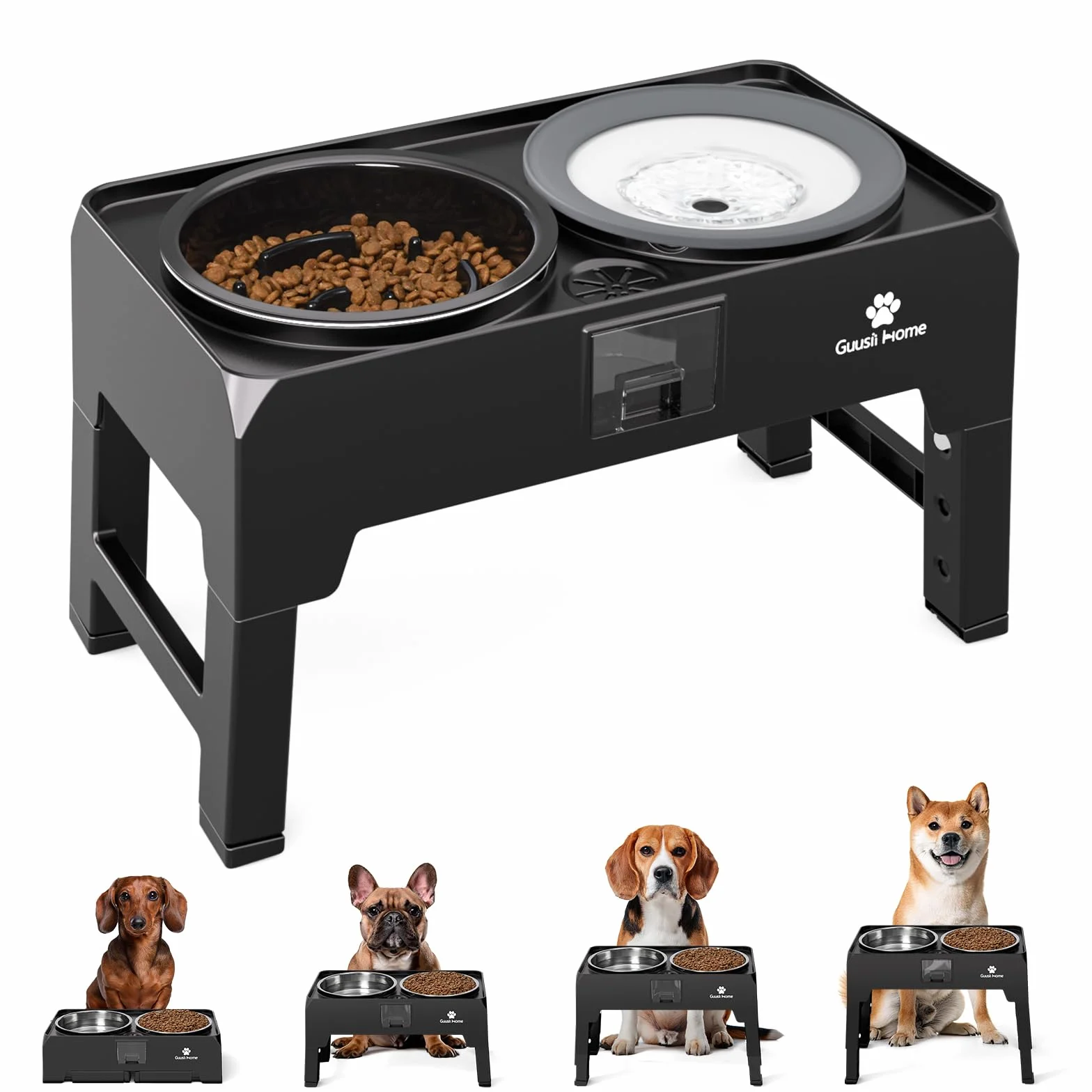 GUUSII HOME Gamelle Surélevée pour Grand Chien - Porte Bol Haute INOX - Bar à Gros Chien Moyen Chiot - Hauteur Réglable 43.5 * 24.4 * 12/25.7/29.7/33.7cm 2000ml
