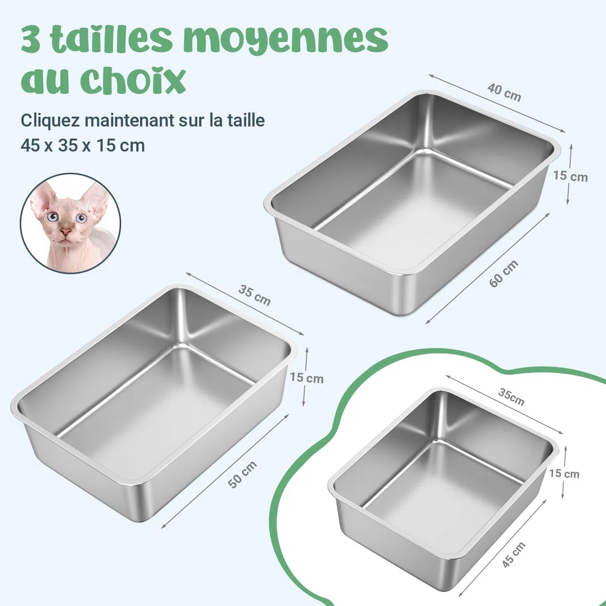 WENBOKMIN Bac à litière en Acier Inoxydable pour Chat, bac à litière de 15 cm pour Chatons, Petit métallique Anti-odeurs, Anti-Corrosion et antiadhésif