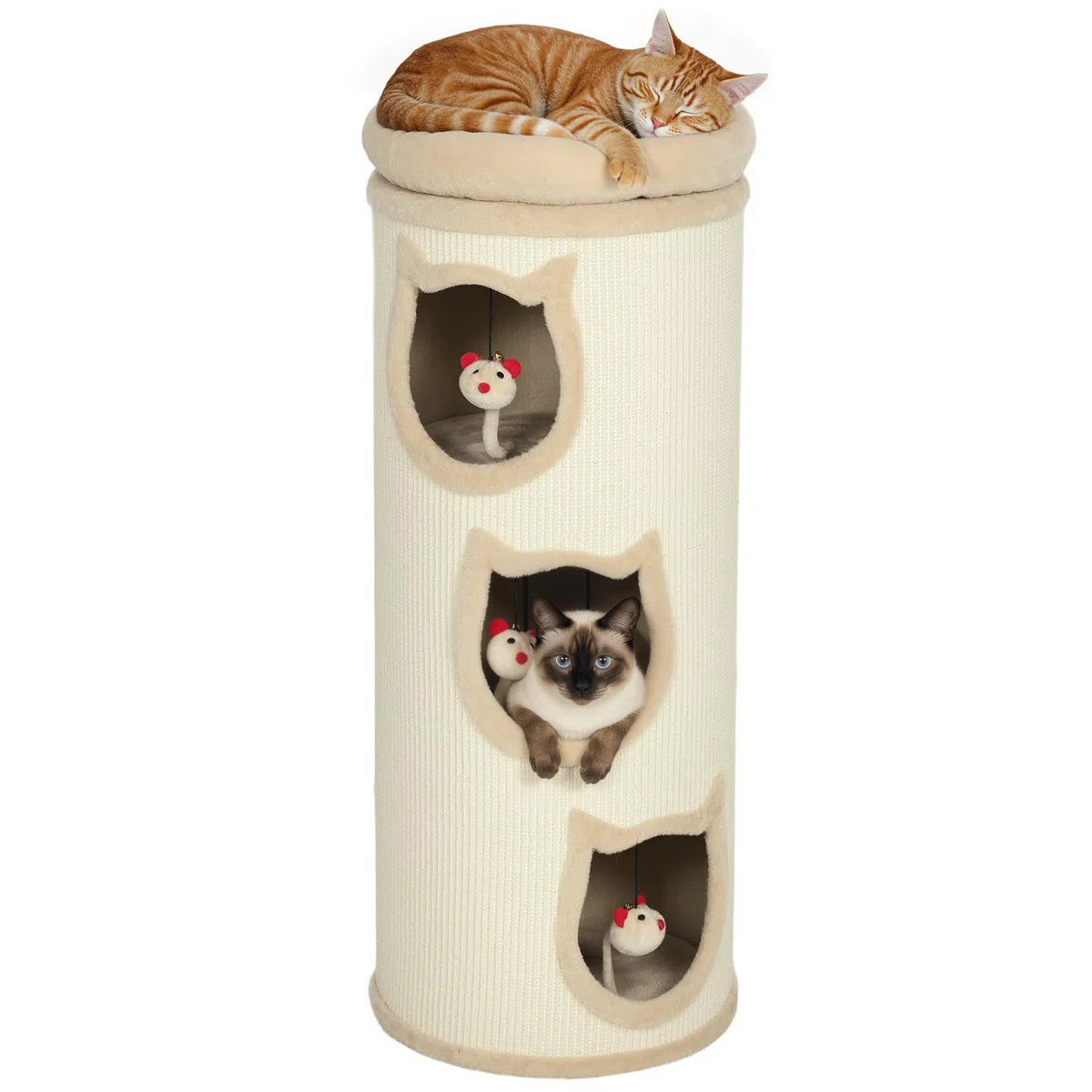 PawHut Tonneau à gratter 96 cm, Tour à griffer en sisal et Bord en Peluche, 3 Niveaux avec Plate-Forme, Arbre à Chat Stable pour Petits et Grands Chats, Parfait pour Griffes & Jeu, Ø 38 cm, crème