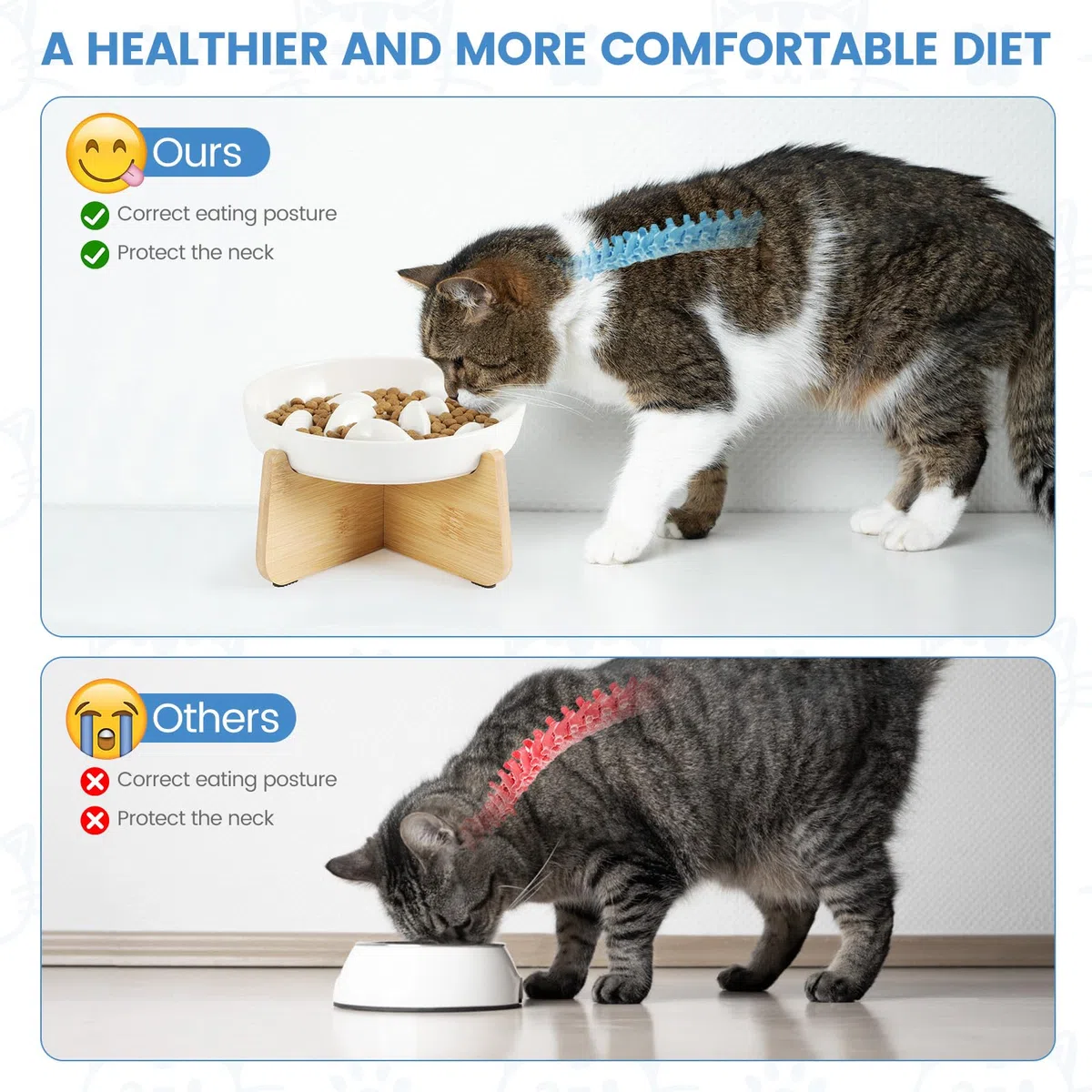 Gamelle Anti Glouton Chat Céramique Surélevée, Bol Assiette Hauteur pour Chats Gourmands avec Support Bambou, Anti Vomissement, Rond, Beige