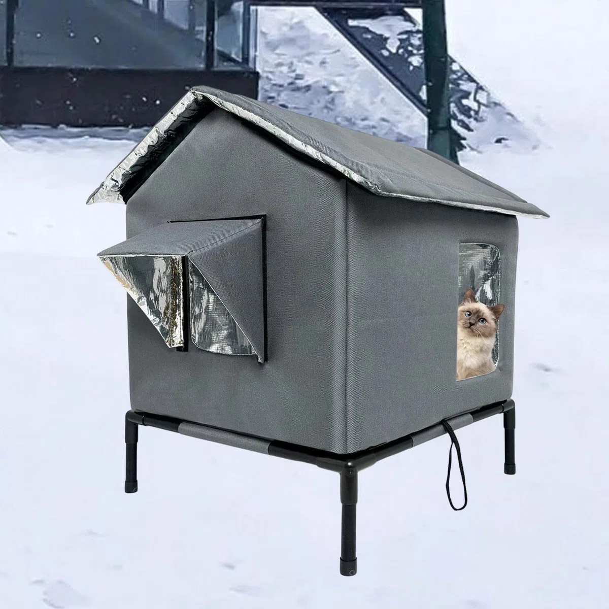 Niche pour Chat d'extérieur, abri Portable et étanche avec Support surélevé pour Porche ou Grange, Gris Foncé, L