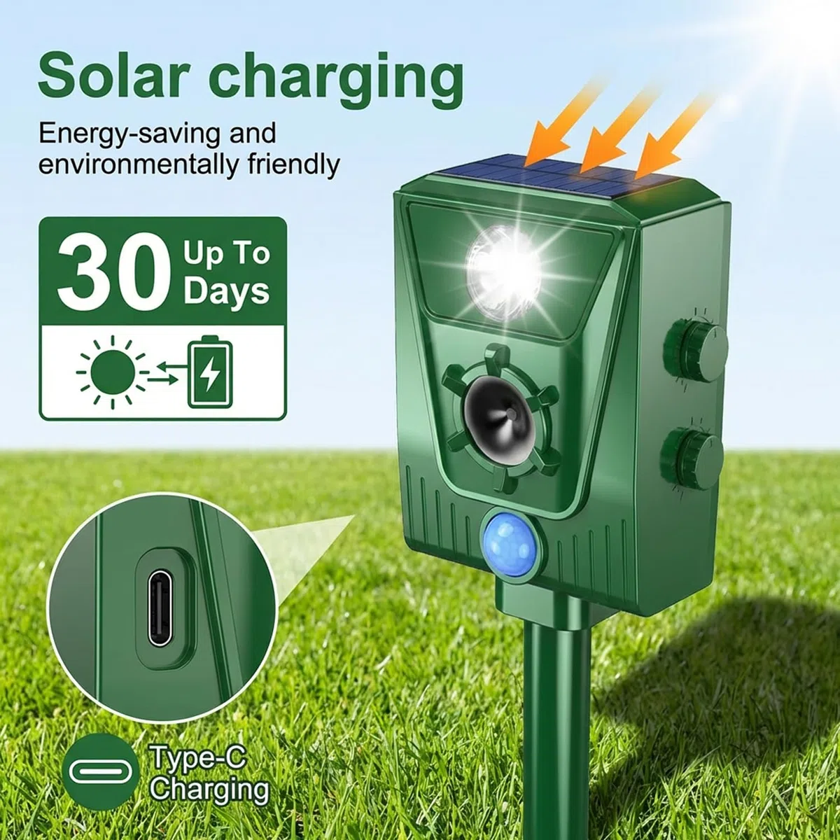 EMS Répulsif pour Chats,répulsif à ultrasons à énergie Solaire IP66 étanche à fréquence réglable pour éloigner Les Animaux, 5 Modes réglable, pour Animaux à ultrasons Vélo