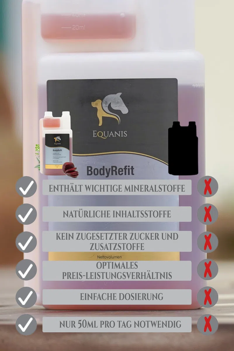 Equanis BodyRefit - Électrolytes pour chevaux en composition premium, peut prévenir les carences en électrolytes après une forte transpiration. Avec betteraves rouges au lieu de sucres ajoutés