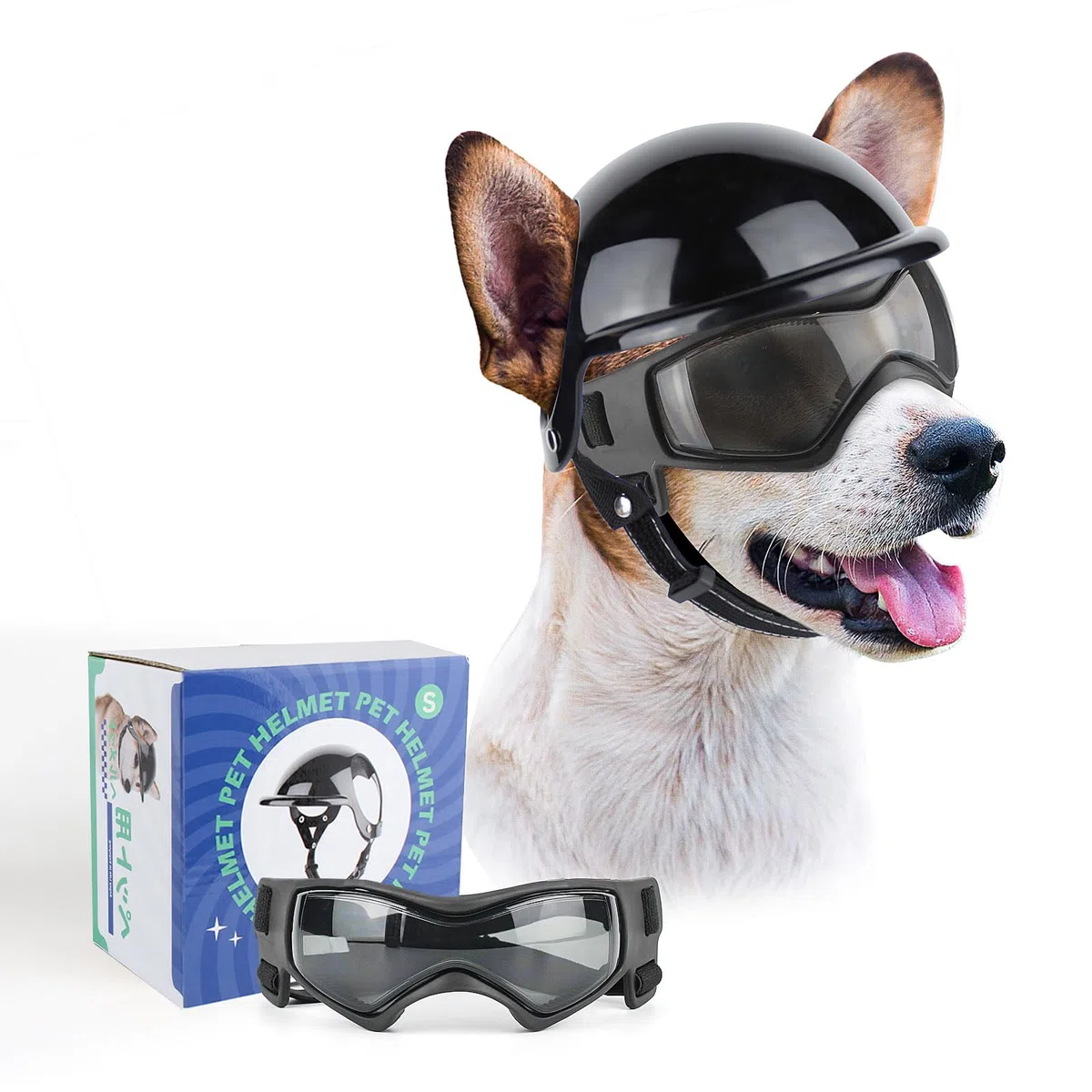 Lot de 2 lunettes pour chien avec casque, casque et lunettes pour chiens de petite et moyenne taille - Noir